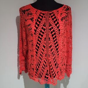 XCVI Women's Long Sleeve High Low 100% Cotton Crochet Shirt Size XL Red Boho